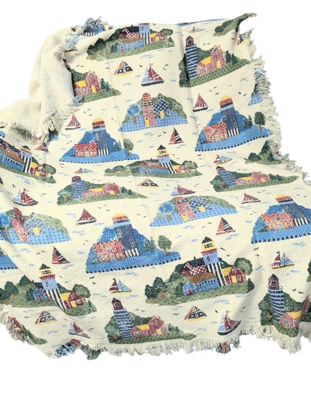 Vintage Nautical Lighthouse Sailboat Jacquard Woven Tapestry Throw Blanket 61x47